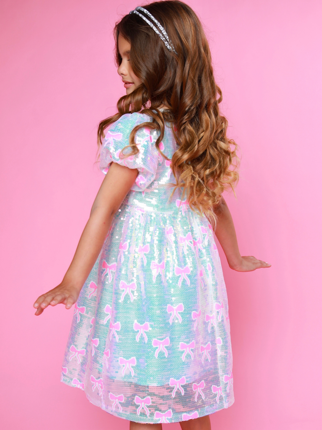 Sweet Sparkle Pink Bow Sequin Puff Sleeve Dress Mia Belle Girls