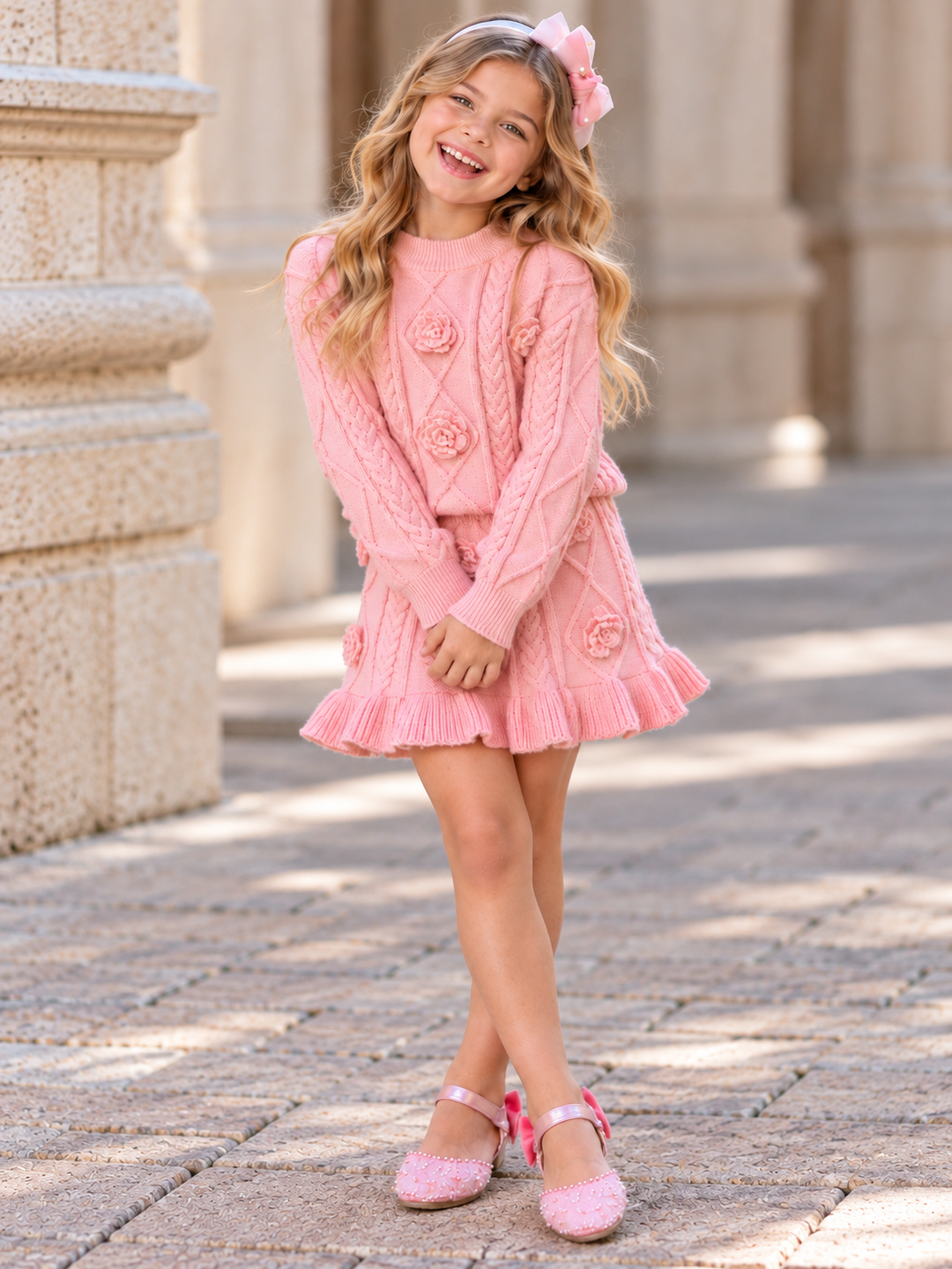 Rosette Matching Cable Knit Sweater and Skirt Set