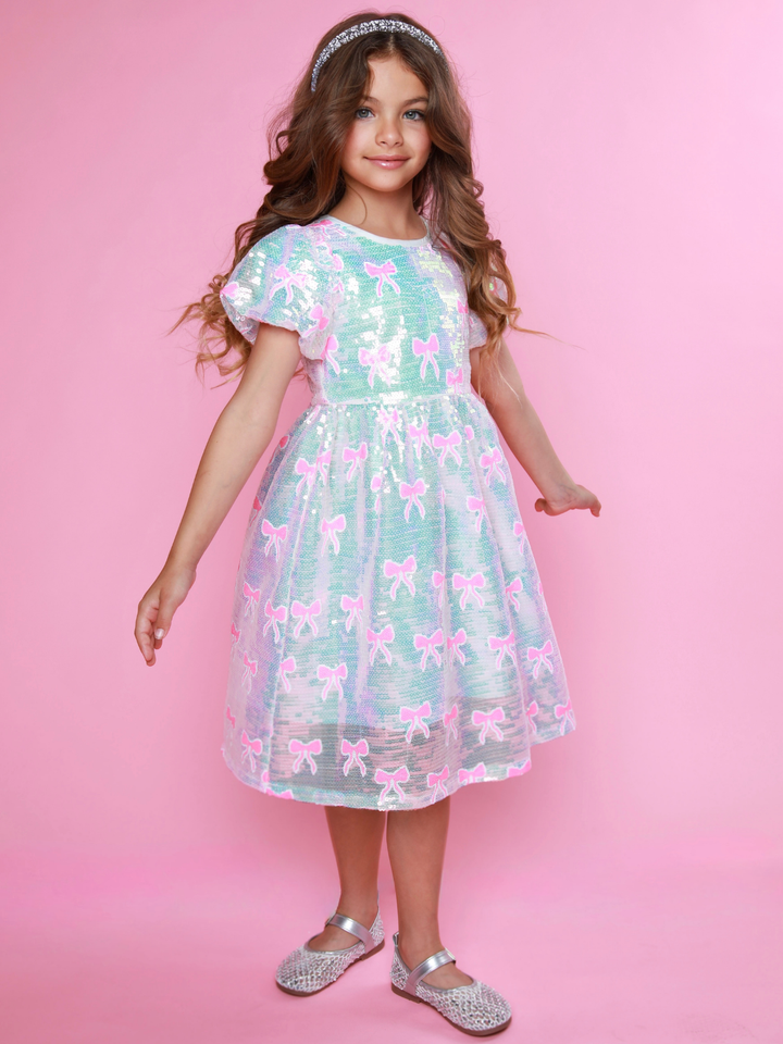 Sweet Sparkle Pink Bow Sequin Puff Sleeve Dress Mia Belle Girls