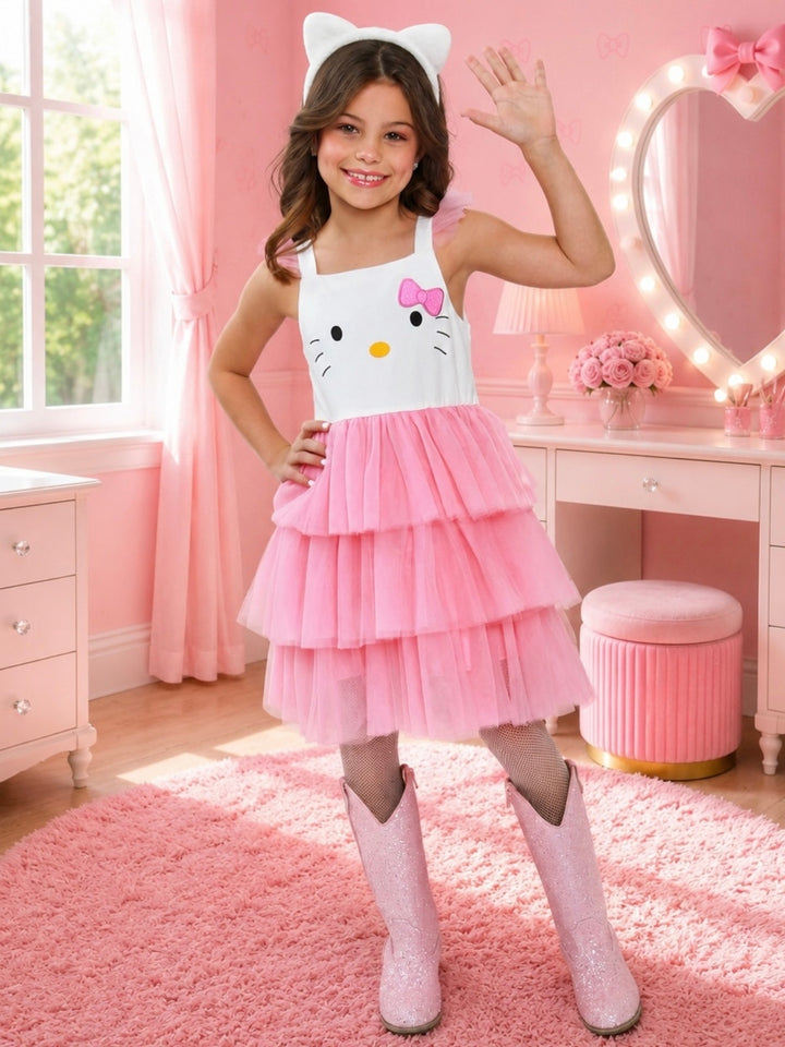 Pink kitty Halloween costume for girls featuring a twirl dress and matching cat ears.