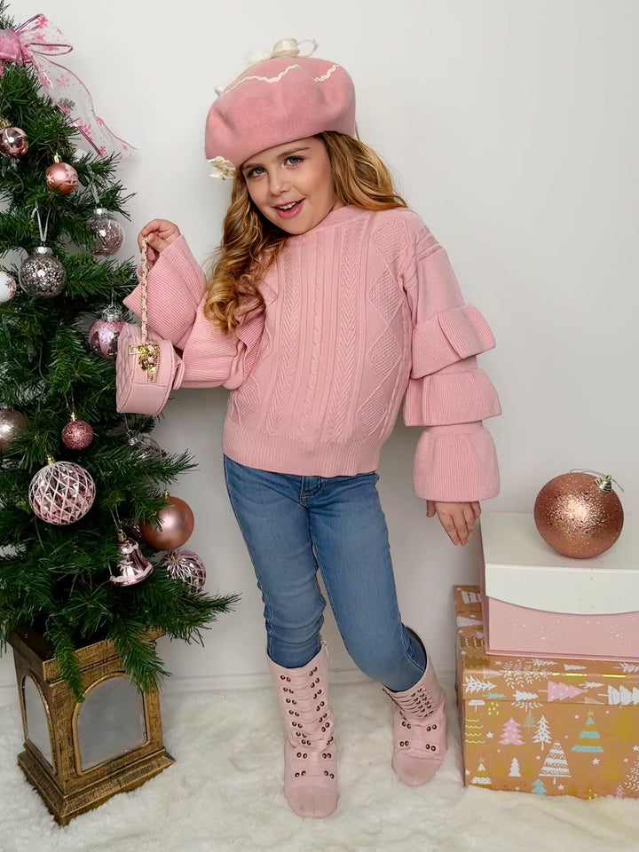 Cute Fall Sweaters | Girls Pink Three Tiered Sleeve Cable Knit Sweater