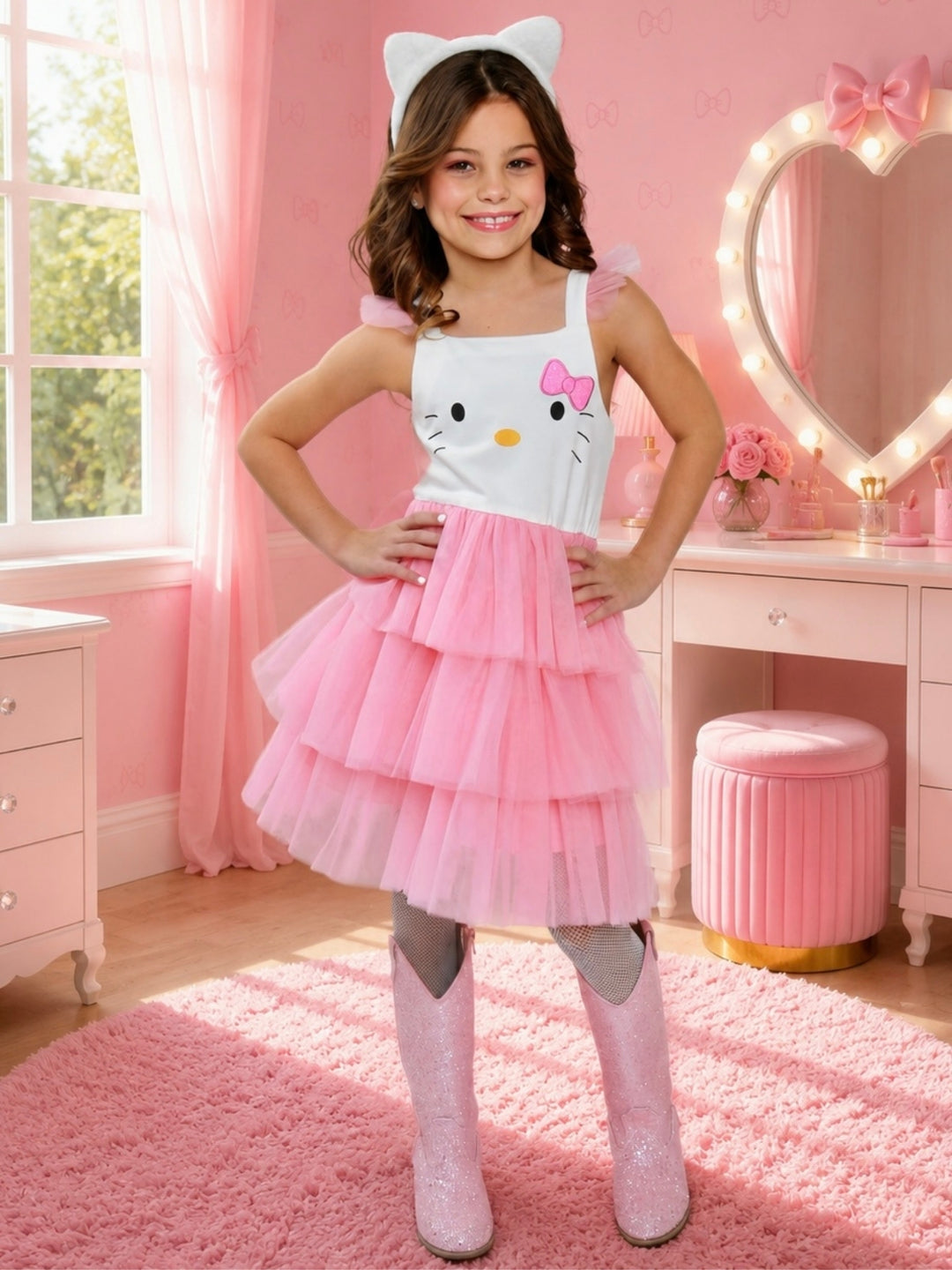 Girl wearing a sweet kitty-inspired pink Halloween costume dress with matching kitty ears.