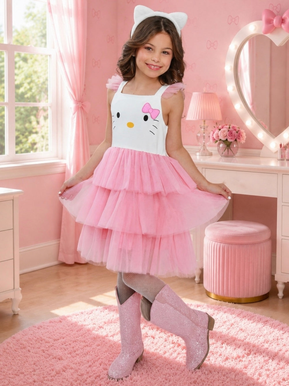 Girl dressed in a pink kitty Halloween costume with a layered tulle skirt and ears.