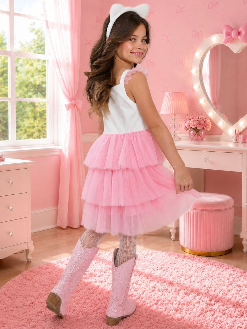 Cute girls pink kitty costume dress with matching ears for Halloween and trick-or-treating.