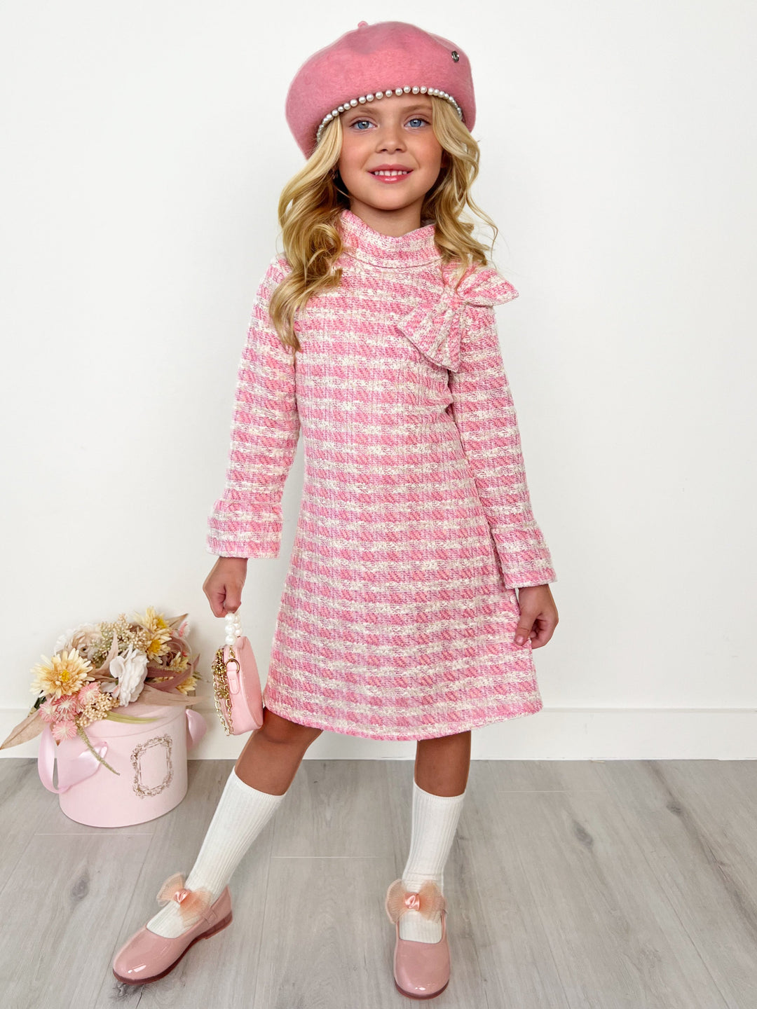 Charming Checked Tweed Pink with Accent Bow Dress Mia Belle Girls