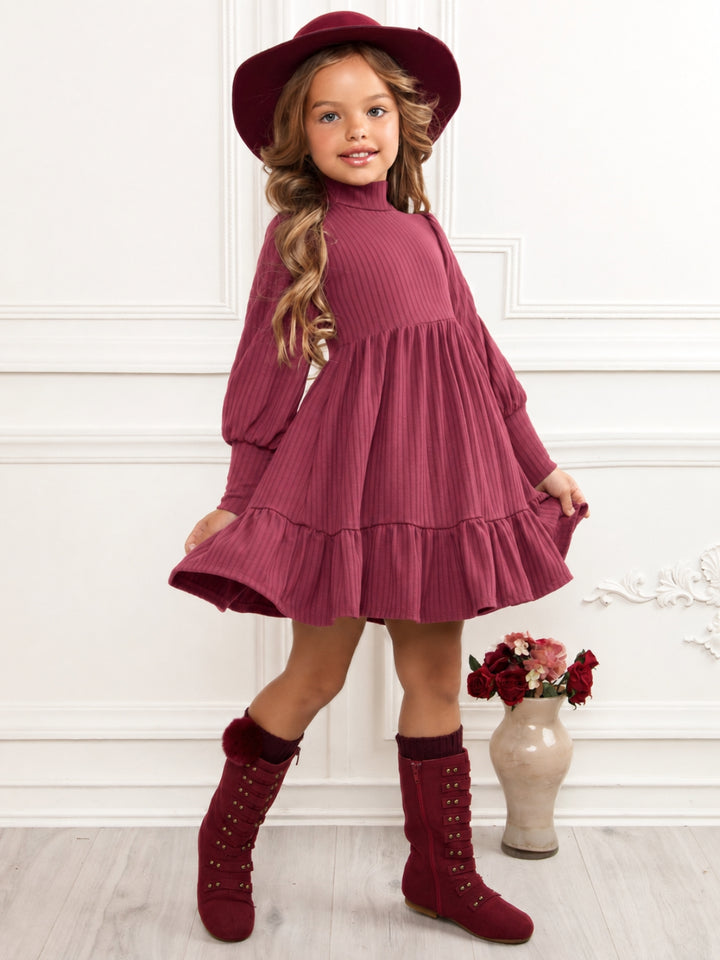 Snuggle & Twirl Burgundy Ribbed Mockneck Dress