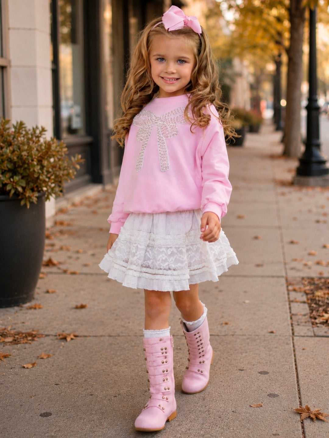 Pretty in Pink Pearl Bow Top and Lace Skirt Set