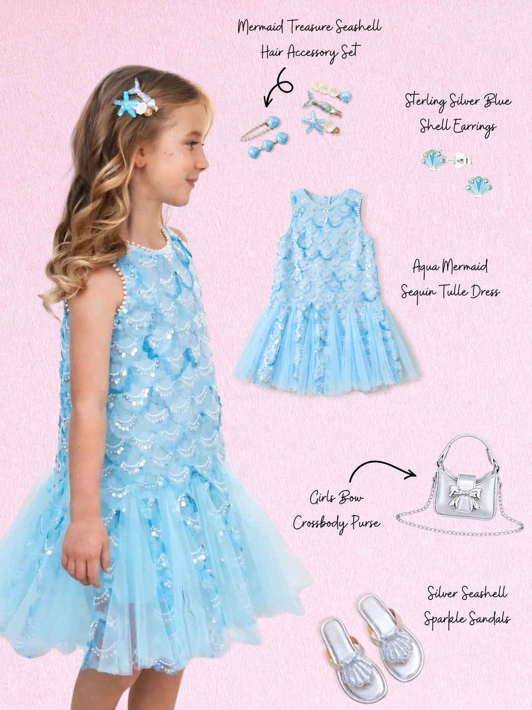 Aqua Mermaid Sequin Tulle Dress Complete Look 5-Piece Set Mia Belle Girls
