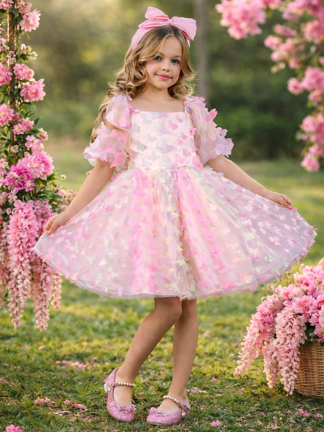 Pink pastel butterfly party dress for girls birthday