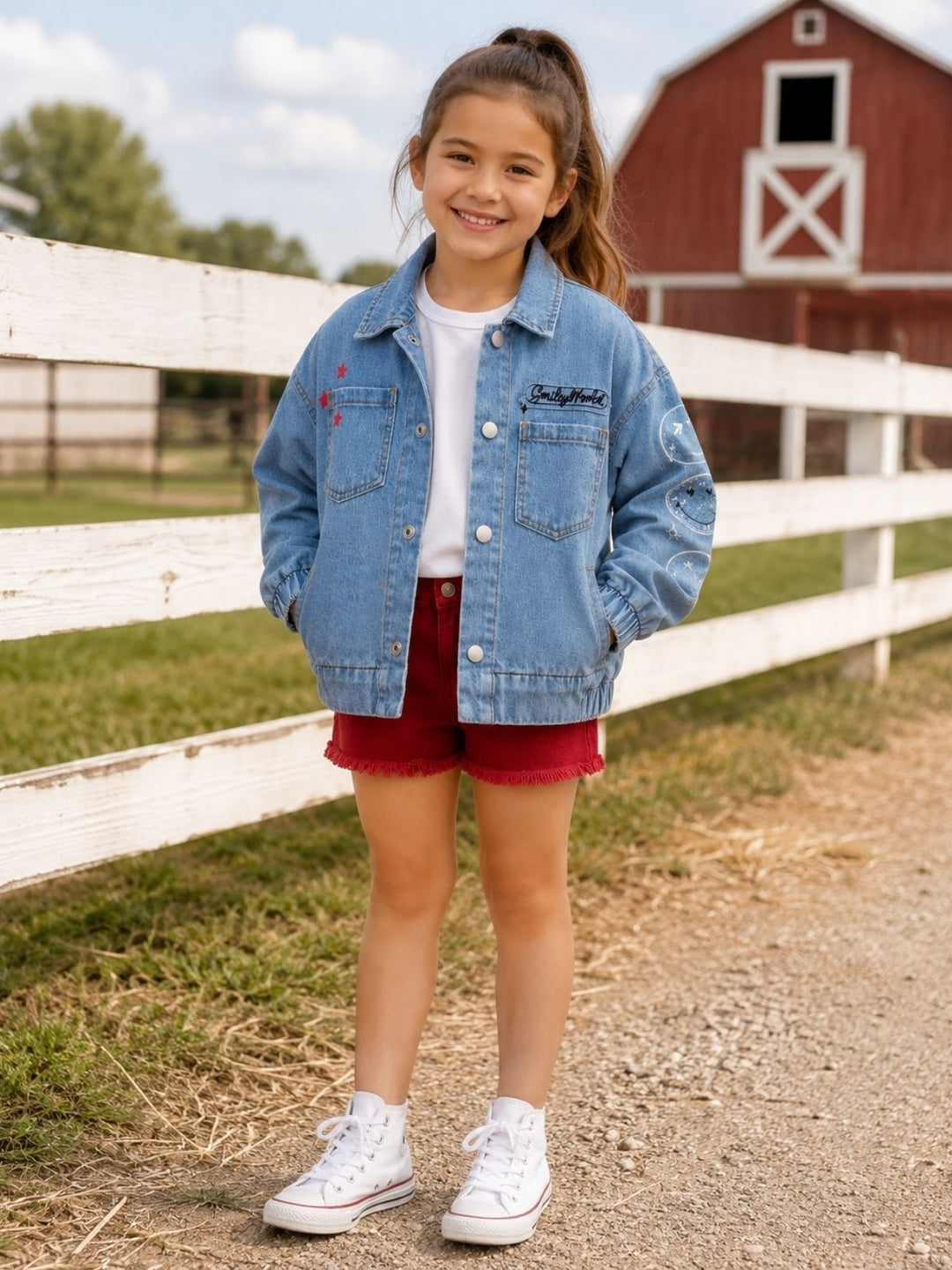 SmileyWorld Glitter Patch Denim Bomber Jacket