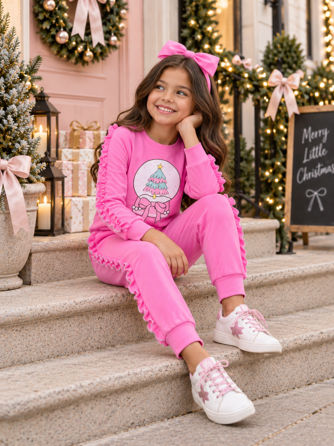 Pinkmas Cheer Snowglobe Ruffle Top and Jogger Set