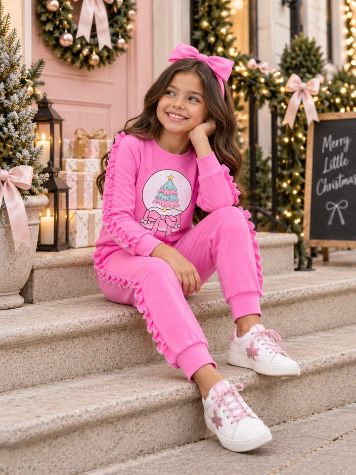 Pinkmas Cheer Snowglobe Ruffle Top and Jogger Set