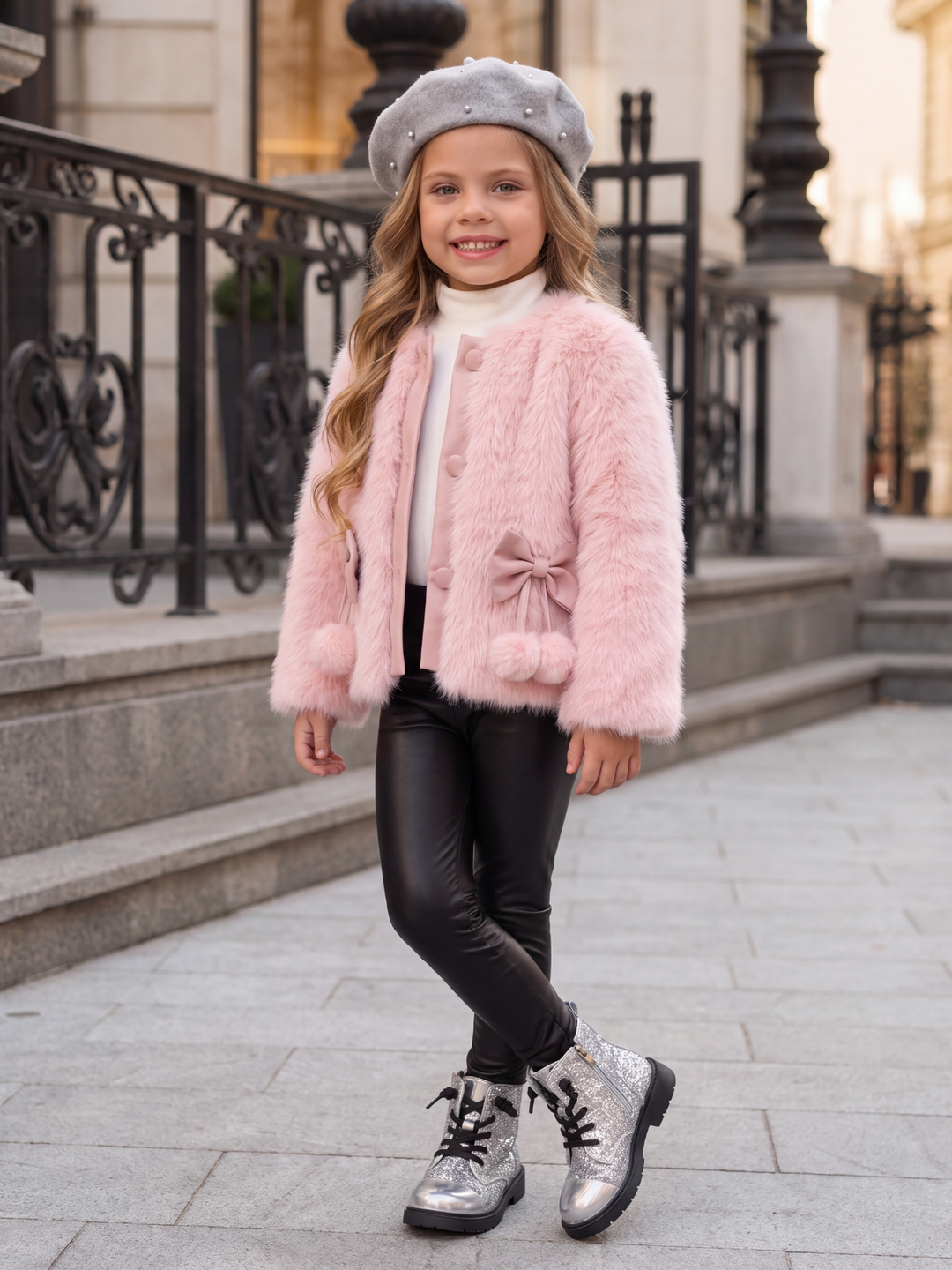 Snow Angel Bow & Pom-Pom Faux Fur Coat