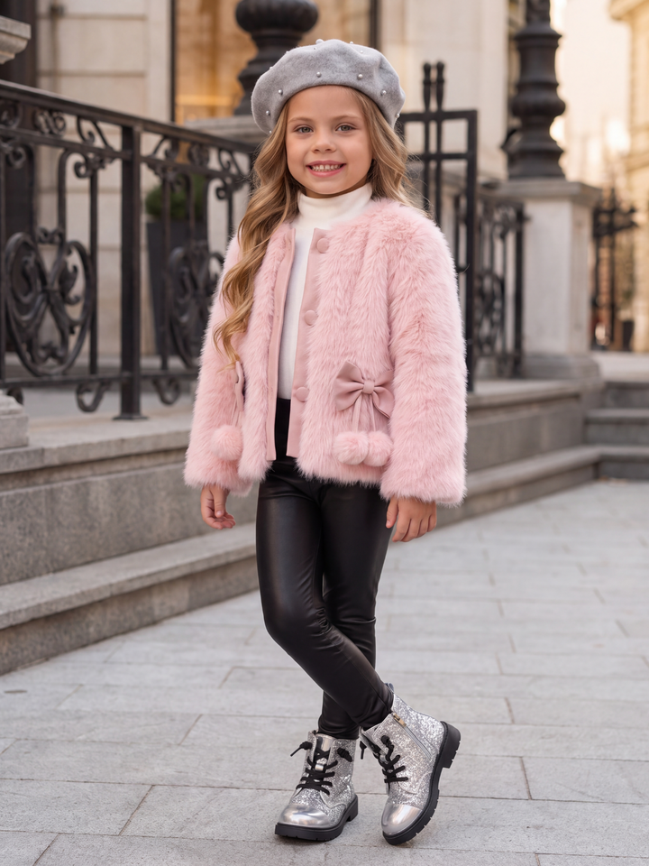 Snow Angel Bow & Pom-Pom Faux Fur Coat