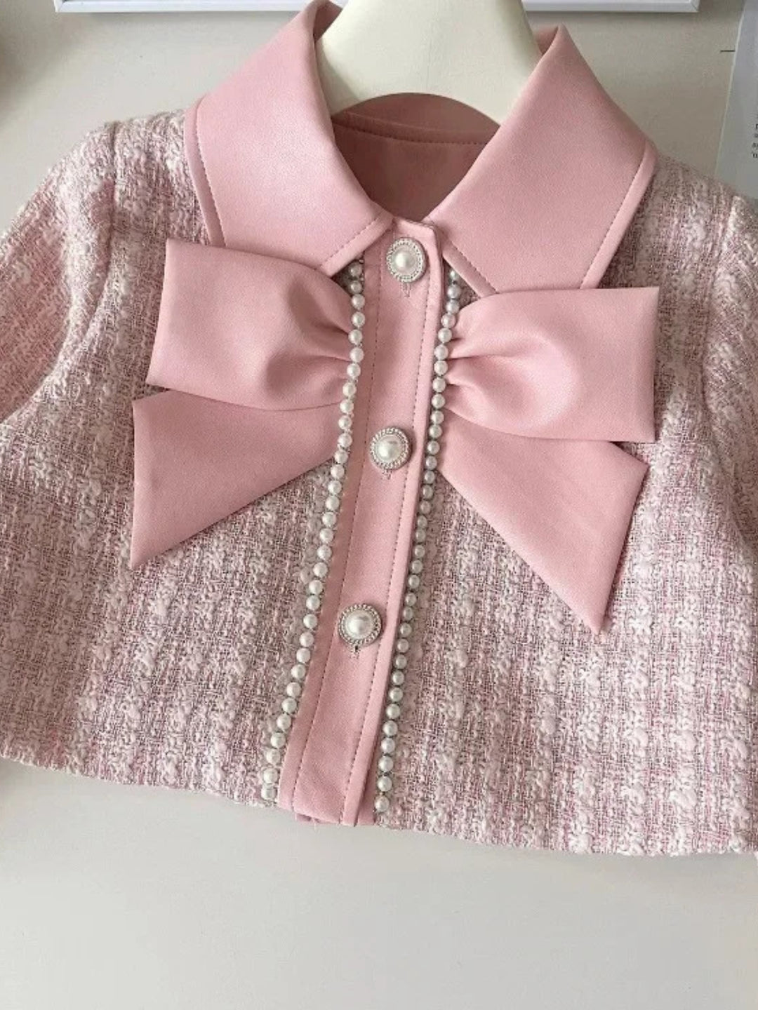 Elegant Pearl Trim Pink Jacket & Skirt Set