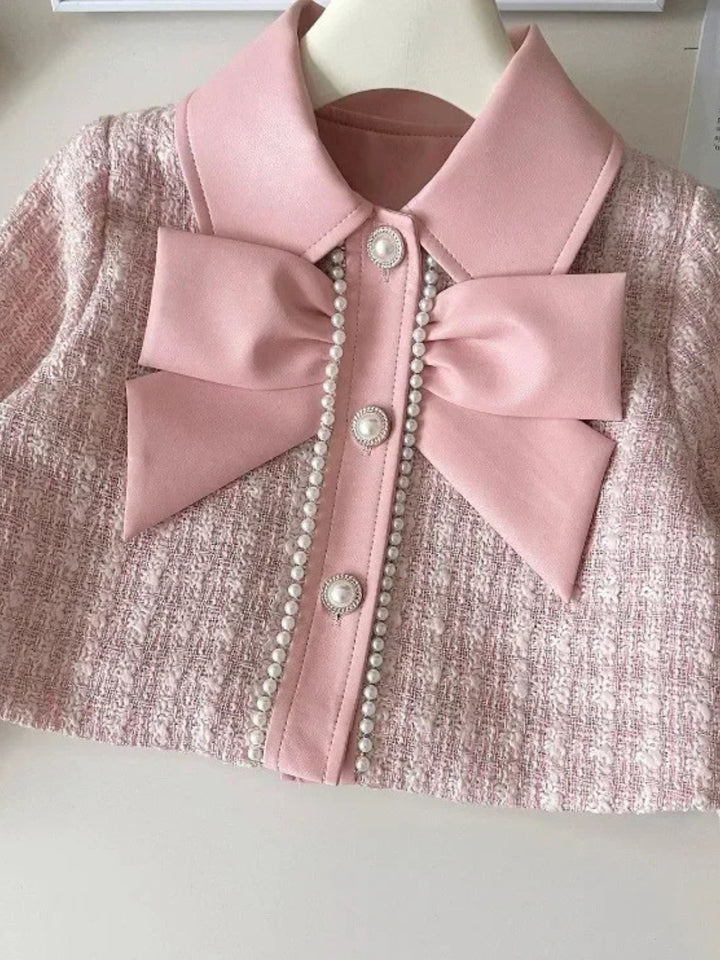 Elegant Pearl Trim Pink Jacket & Skirt Set