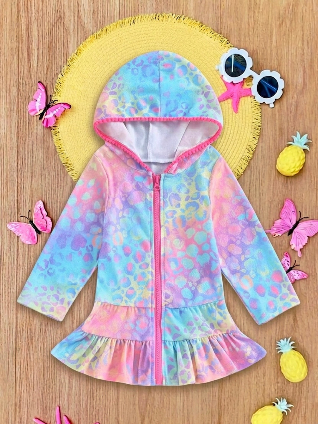 Rainbow Splash Hooded Terry Ruffle Cover Up Mia Belle Girls