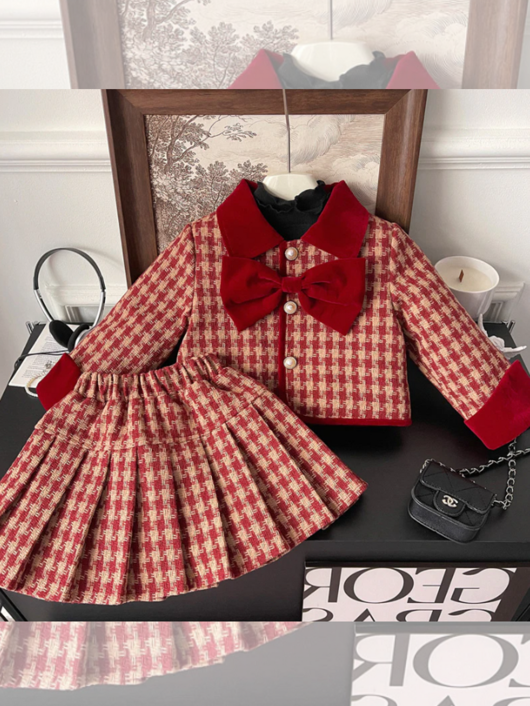 Adorable Red Velvet and Plaid Jacket and Skirt Set Mia Belle Girls