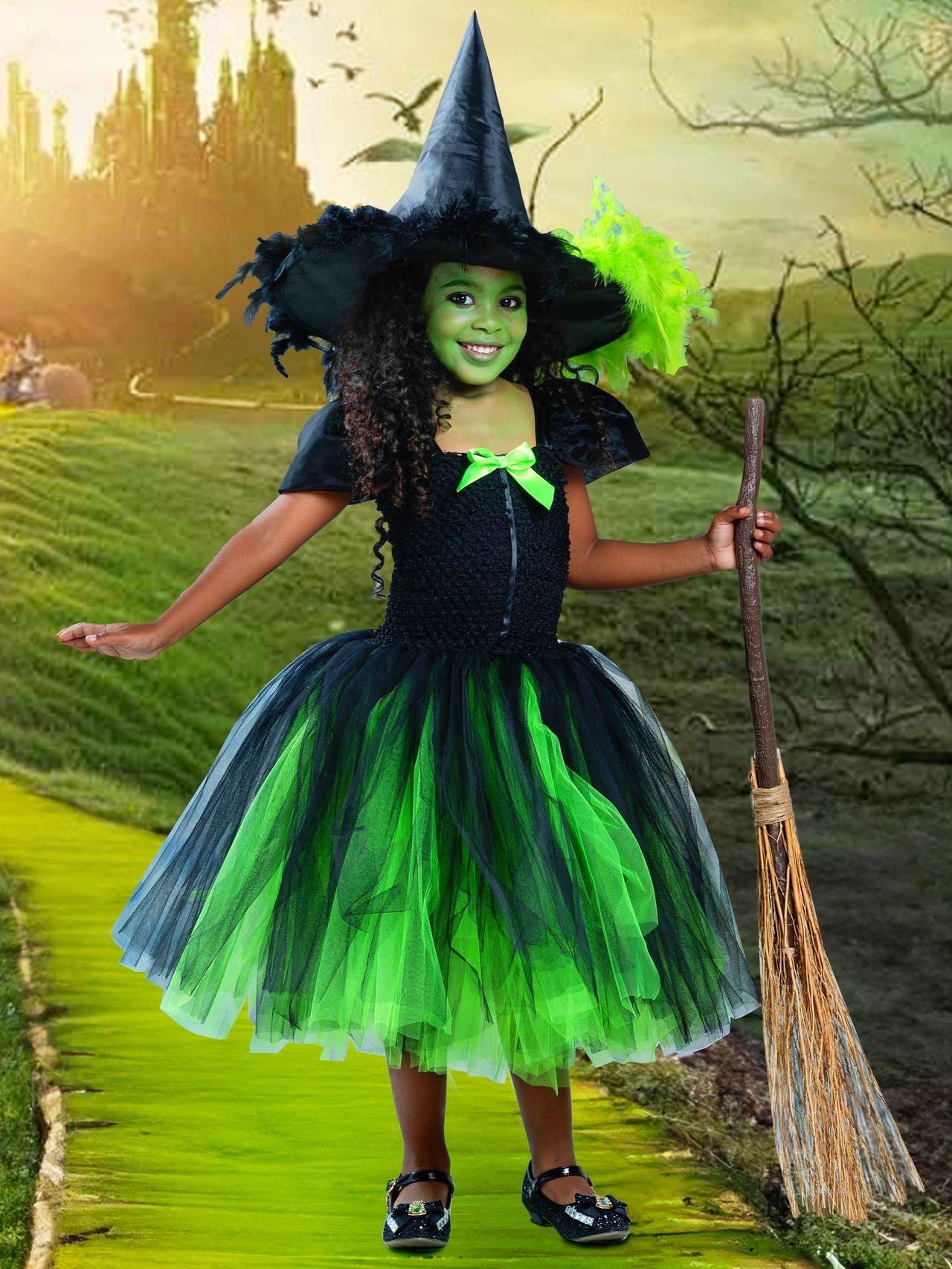Emerald Green Witch Costume Dress with Hat Black / 3T