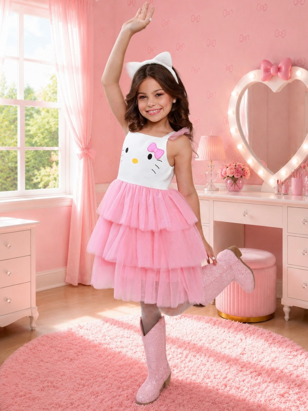 Girls tiered pink tulle Halloween costume dress with adorable kitty-inspired details.