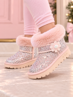 Pink Sparkle Flower Faux-Fur Boots