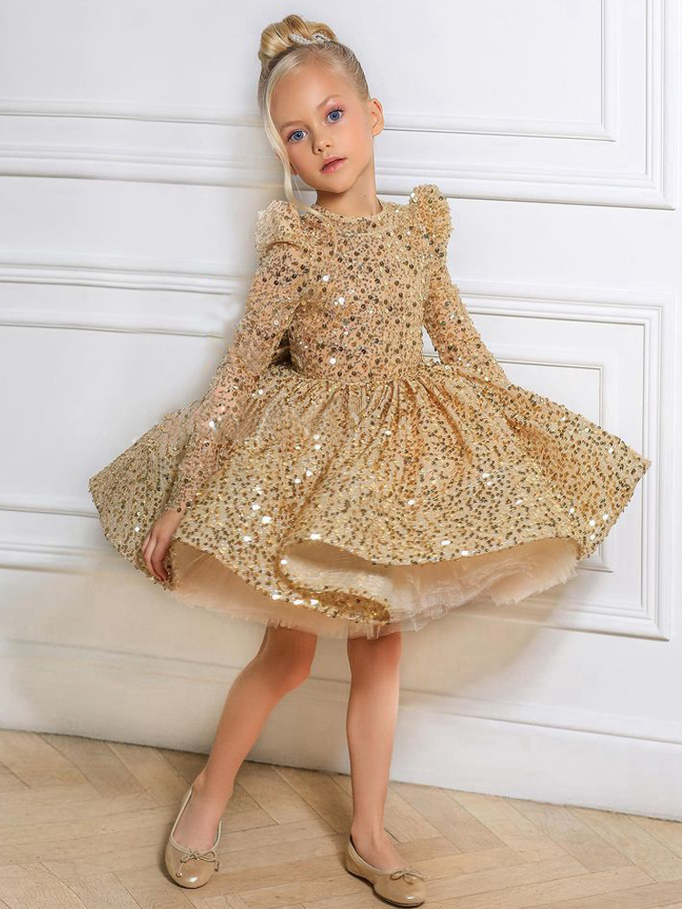Gold Long Sleeve Mini Special Occasion Dress Gold / 7Y