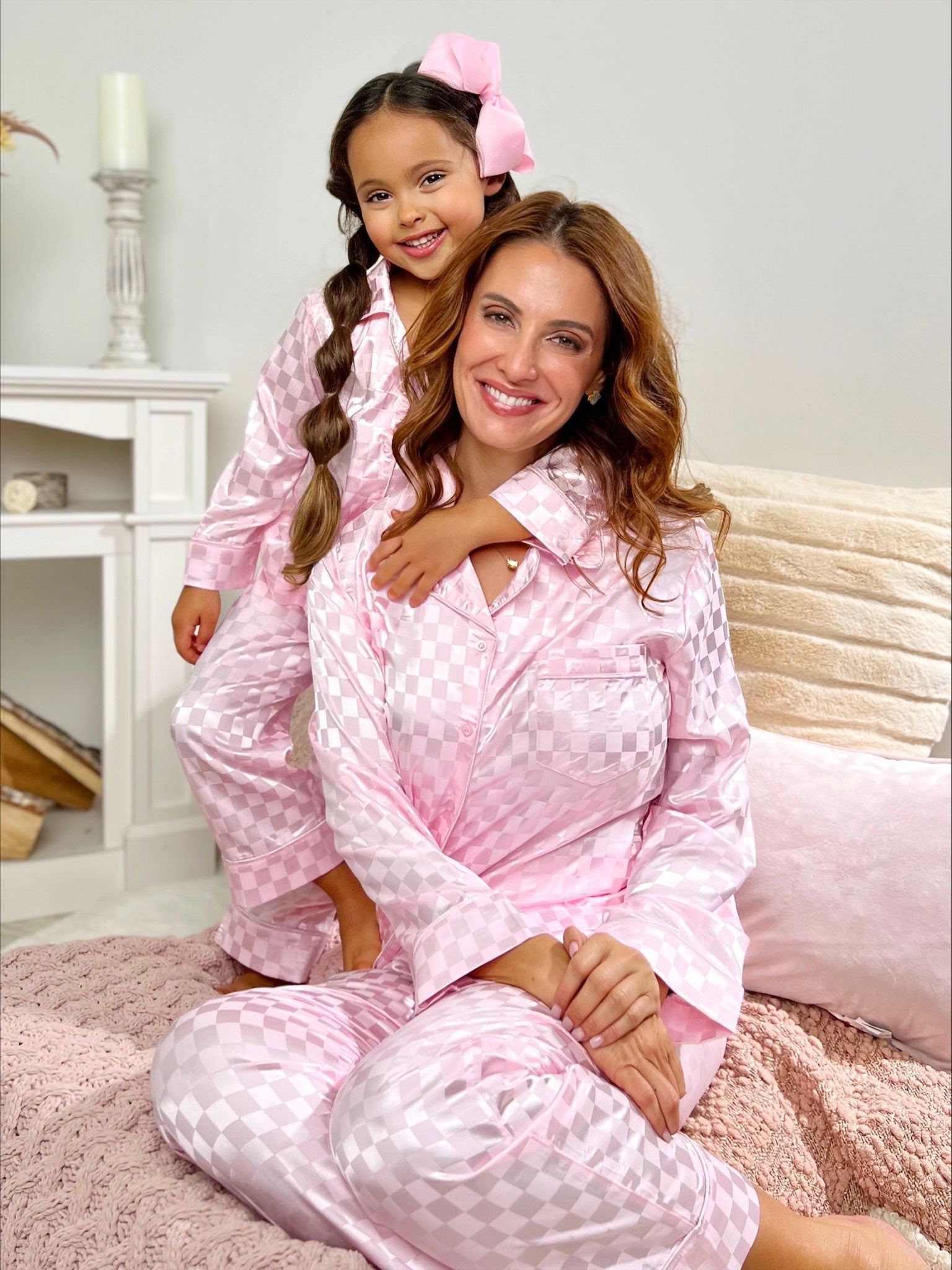 Mommy and Me Sleepy Cuddles Pink Checkered Silk Pajamas – Mia