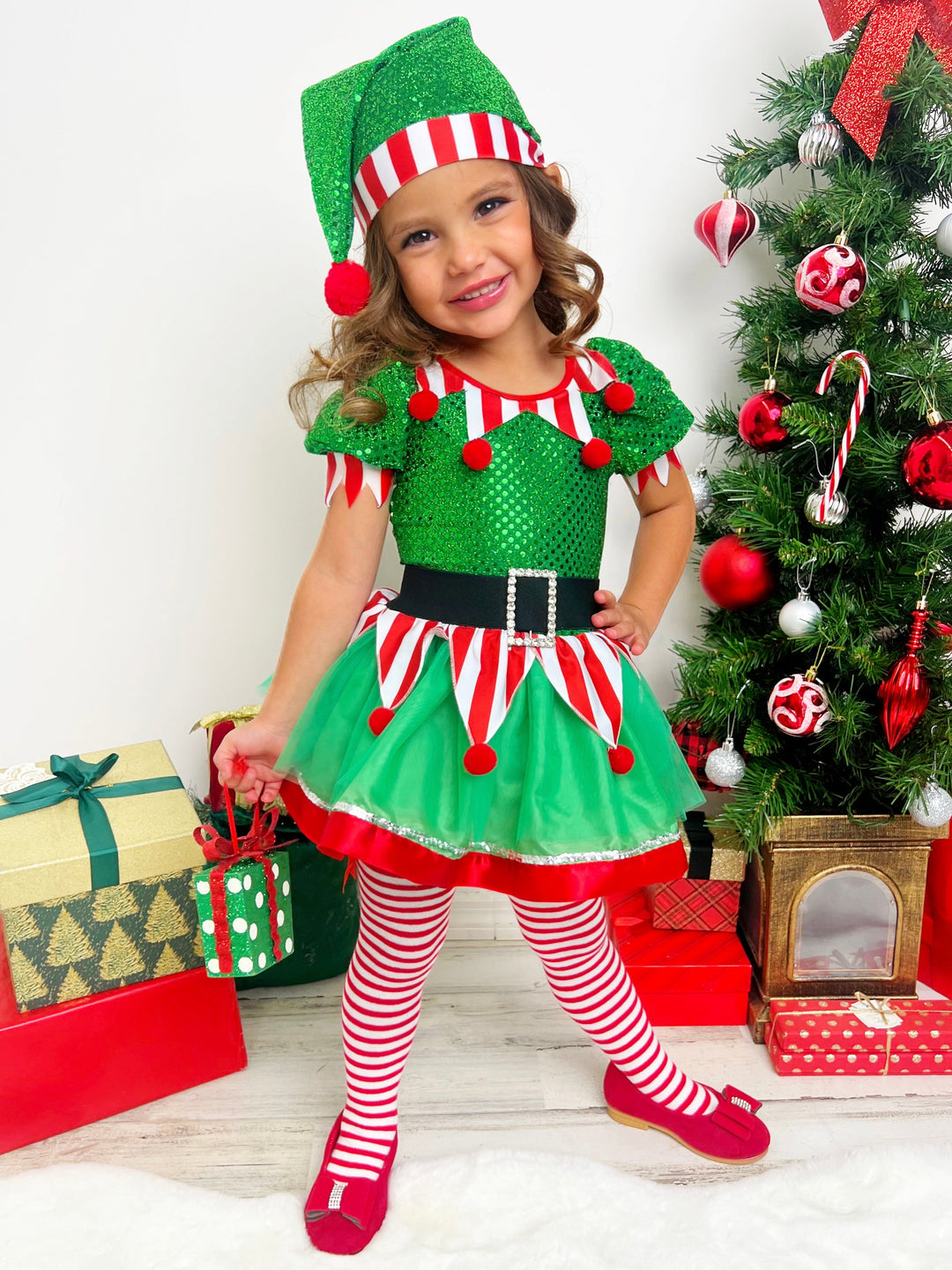 Girls Winter Sets | Girls Sequin Sparkle Elf Tutu Dress & Hat Set