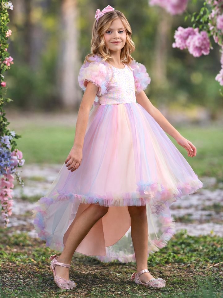 Girls dressy rainbow tulle dress for birthday party and special occasions