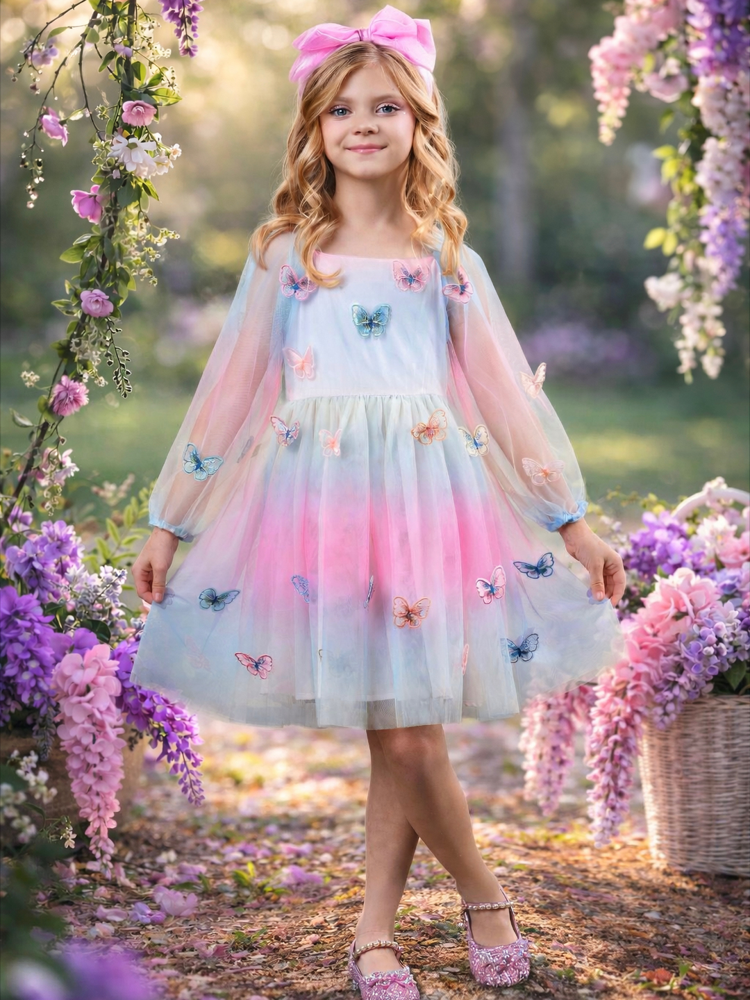 Girls butterfly tulle birthday dress with pastel colors and long sleeves