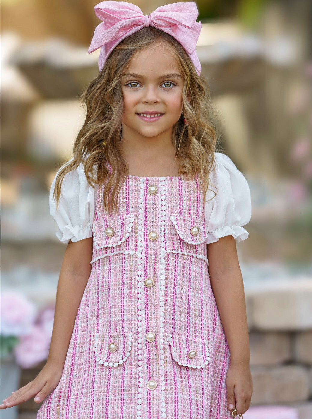 preppy pink dress Pink Plaid Pearl Dress Pink / 2T