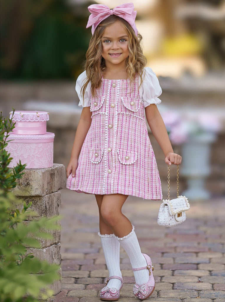 Girls Preppy Chic Dresses | Pink Plaid Pearl Dress | Mia Belle Girls Girls Preppy Chic Dresses | Pink Plaid Pearl Dress | Mia Belle Girls