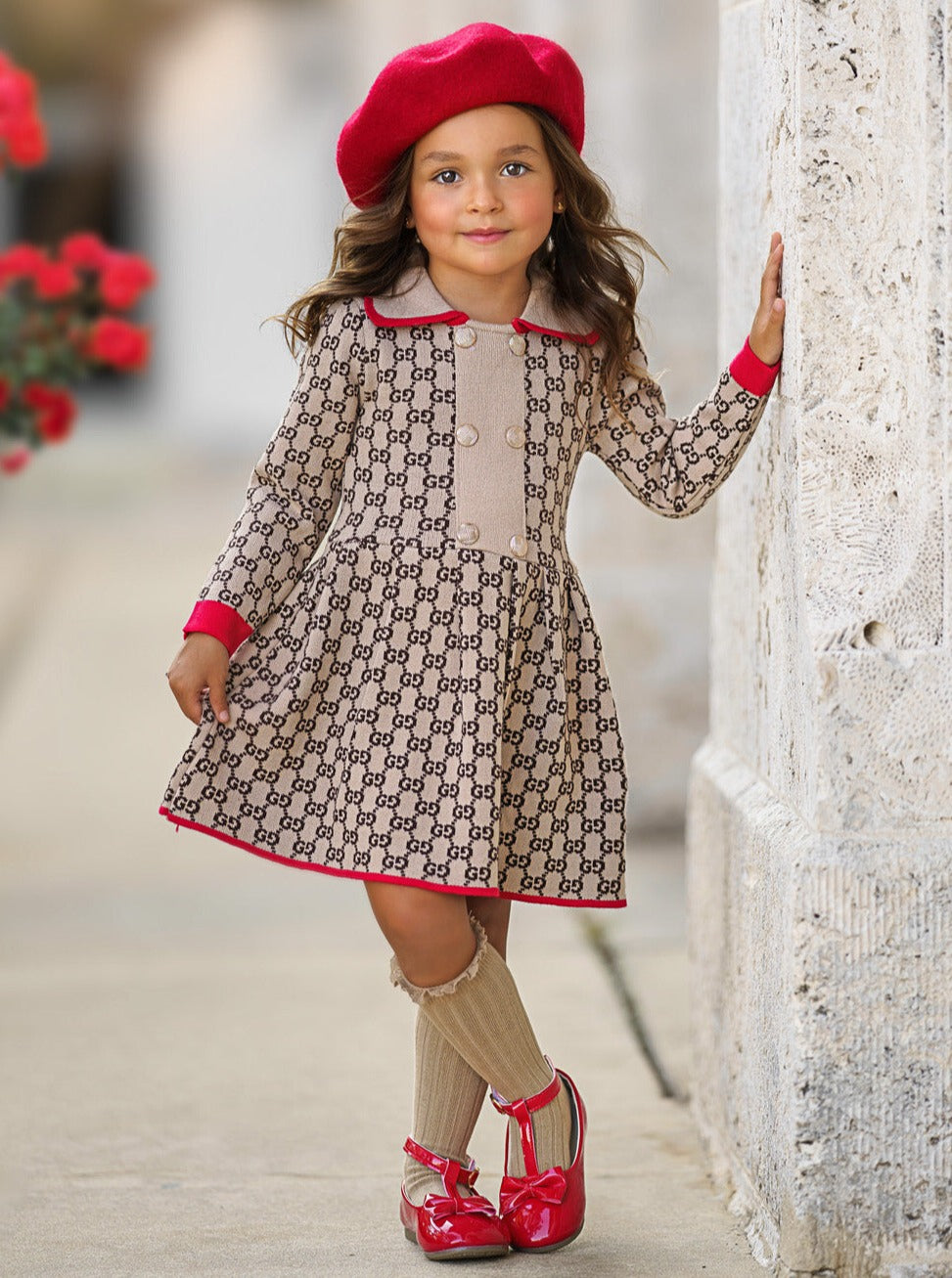 girls beige dress Girls Preppy Chic Dress | Beige Monogram Knit Dress