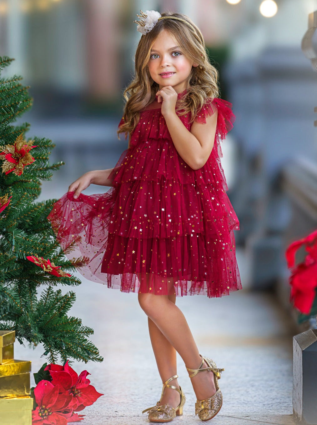 Mia Belle Girls Red Star Sequin Tiered Tulle Dress