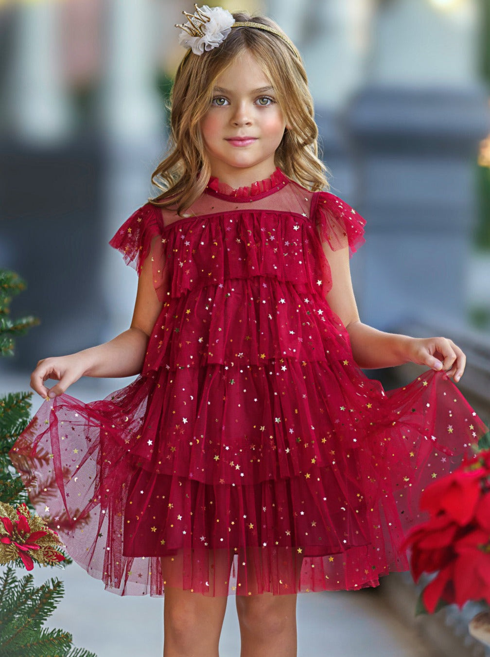 Mia Belle Girls Red Star Sequin Tiered Tulle Dress