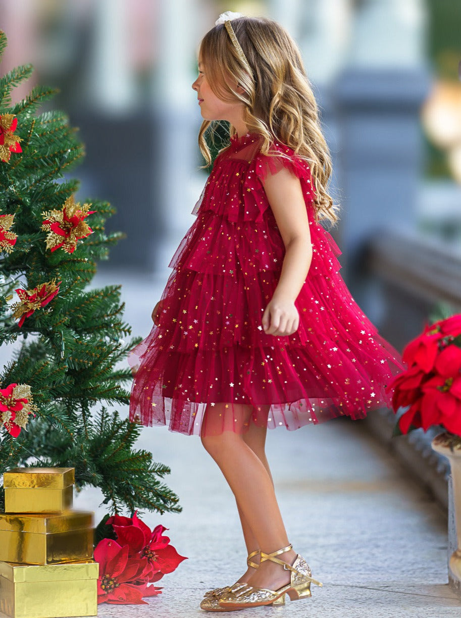 Mia Belle Girls Red Star Sequin Tiered Tulle Dress Mia Belle Girls Red Star Sequin Tiered Tulle Dress