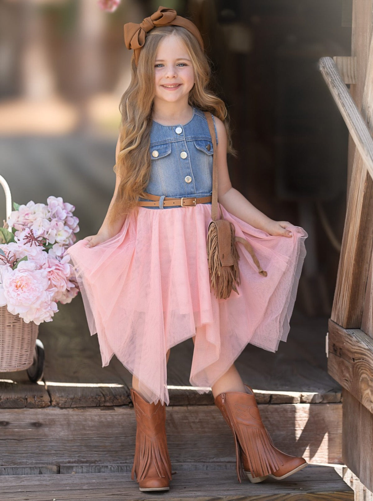 denim dress with tutu TTAO Girls Jean Dress Summer Floral Print Denim Tutu Skirts with Belt Flying Sleeve Princess Dresses Pink 8