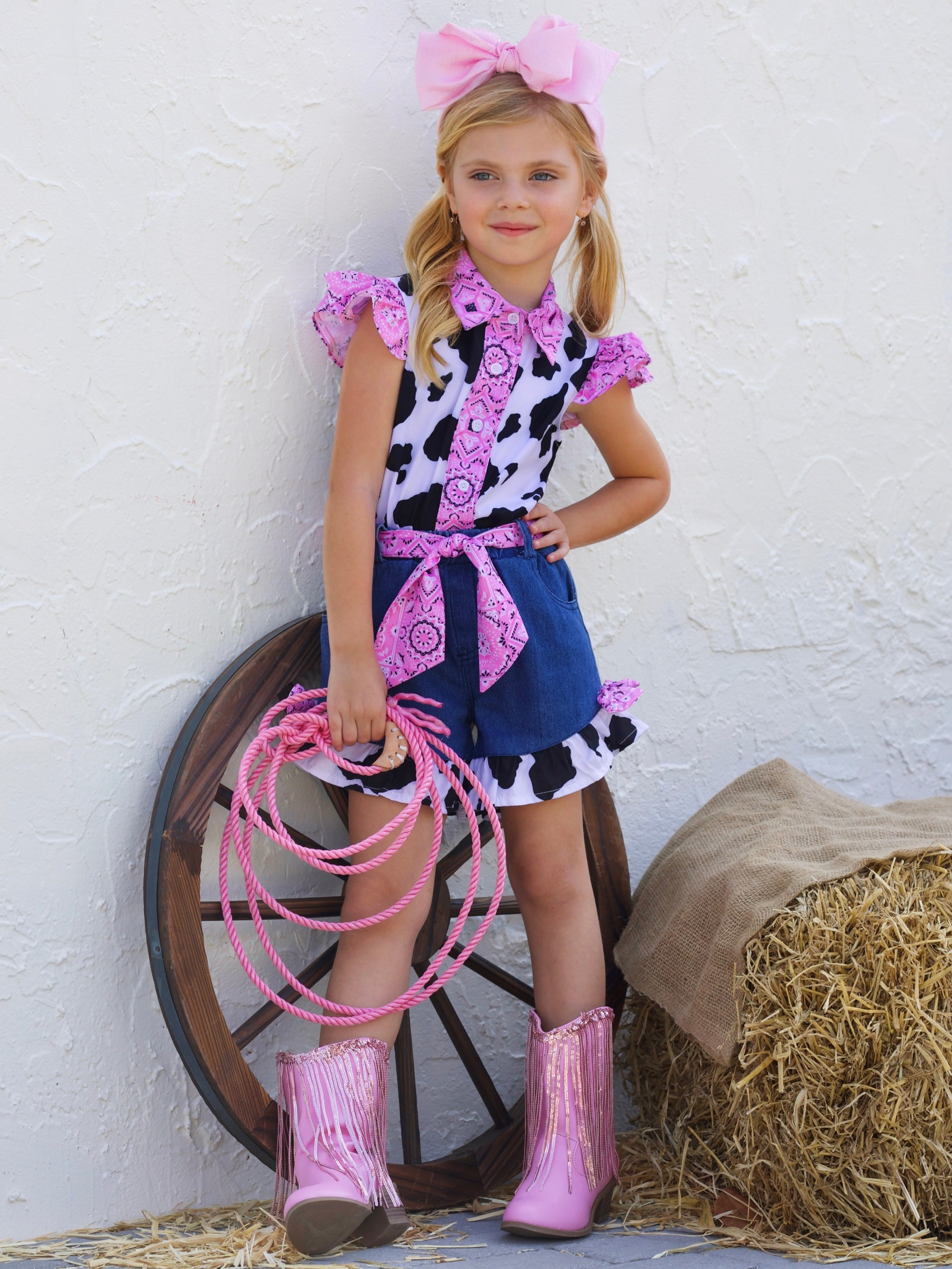 Rodeo Star Cow Print Denim Short Set – Mia Belle Girls