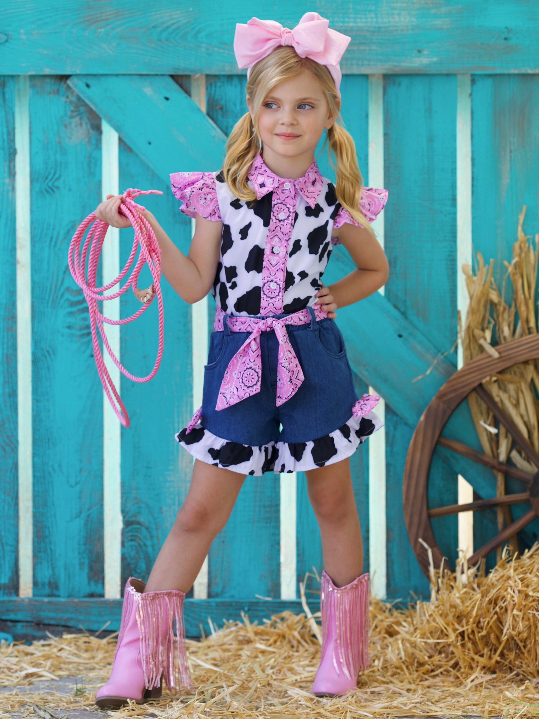Rodeo Star Cow Print Denim Short Set – Mia Belle Girls