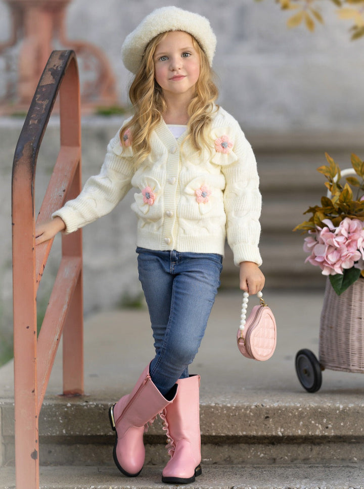 Girls Floral Button-Up Cardigan with Adorable 3D Flower Details and Heart-Shaped Buttons Mia Belle Girls