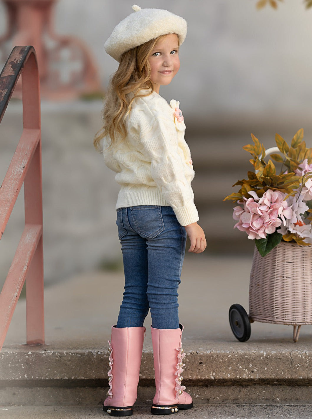 Girls Floral Button-Up Cardigan with Adorable 3D Flower Details and Heart-Shaped Buttons Mia Belle Girls