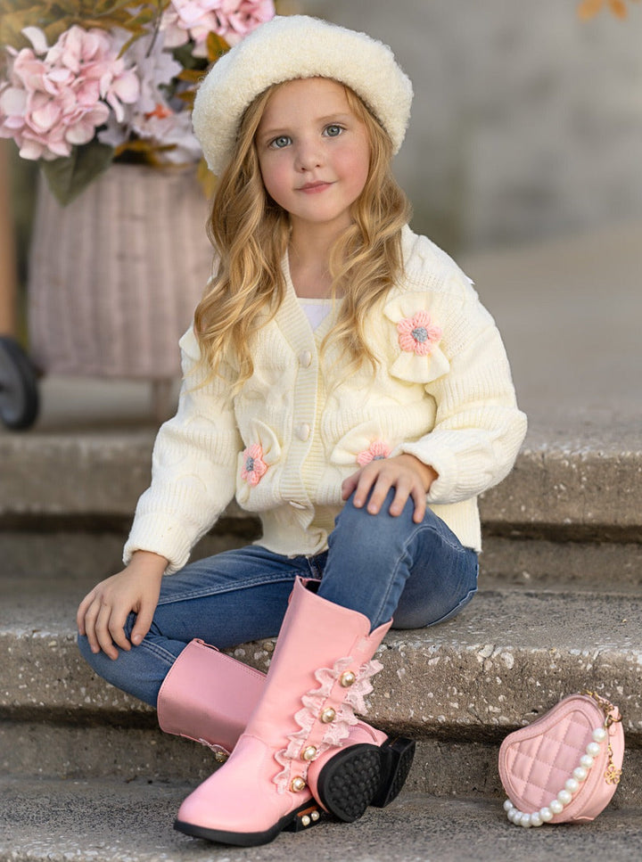 Girls Floral Button-Up Cardigan with Adorable 3D Flower Details and Heart-Shaped Buttons Mia Belle Girls