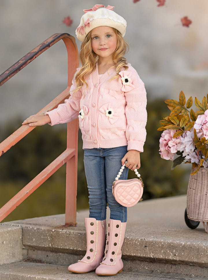 Girls Floral Button-Up Cardigan with Adorable 3D Flower Details and Heart-Shaped Buttons Mia Belle Girls