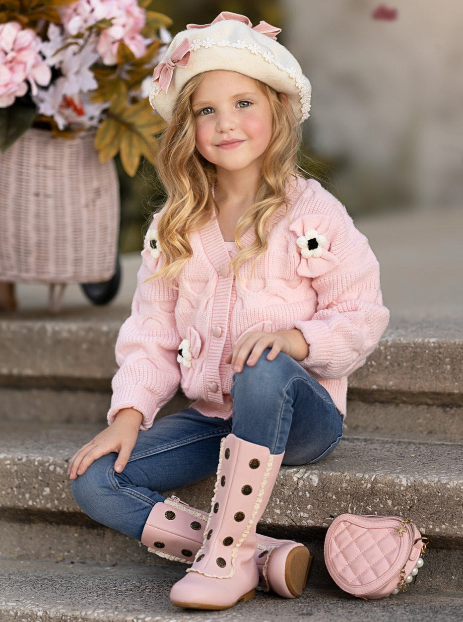 Girls Floral Button-Up Cardigan with Adorable 3D Flower Details and Heart-Shaped Buttons Mia Belle Girls