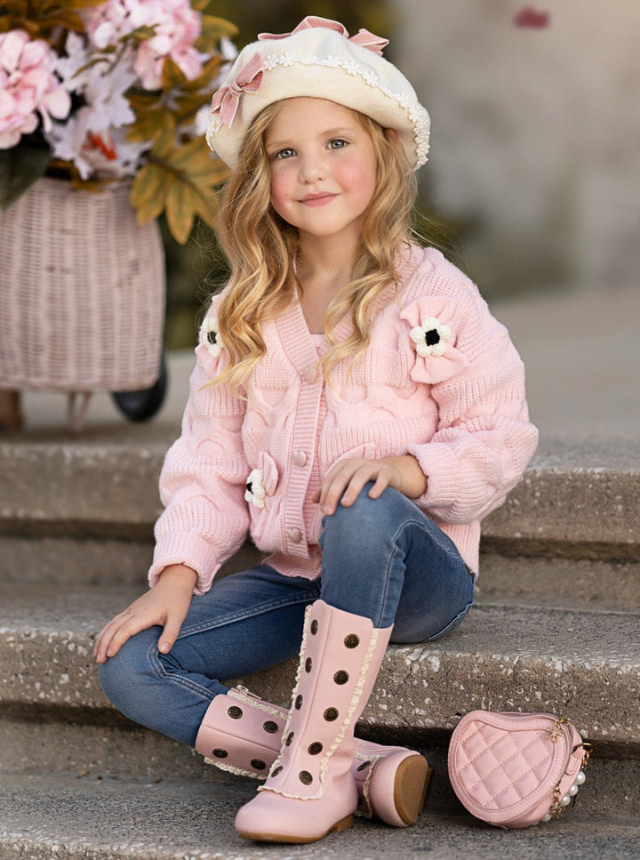 Girls Floral Button-Up Cardigan with Adorable 3D Flower Details and Heart-Shaped Buttons Mia Belle Girls