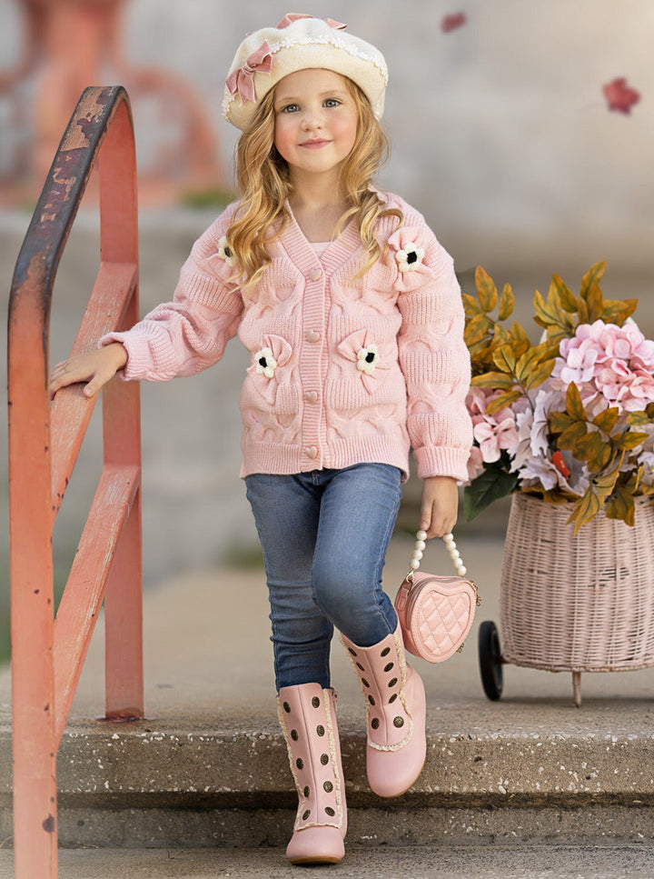 Girls Floral Button-Up Cardigan with Adorable 3D Flower Details and Heart-Shaped Buttons Mia Belle Girls