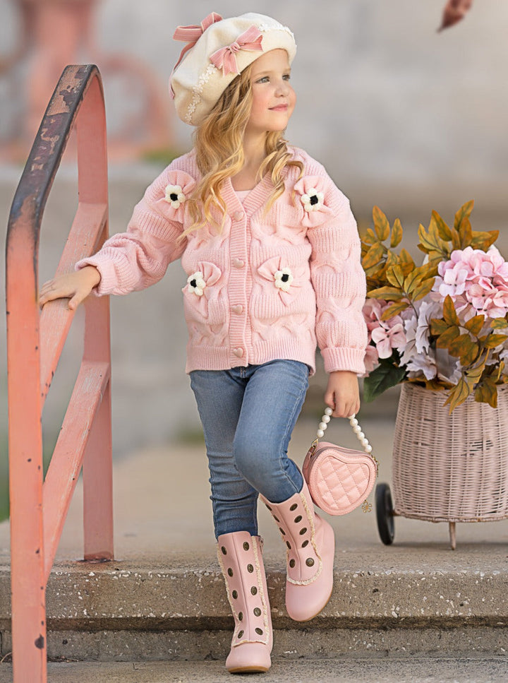 Girls Floral Button-Up Cardigan with Adorable 3D Flower Details and Heart-Shaped Buttons Mia Belle Girls