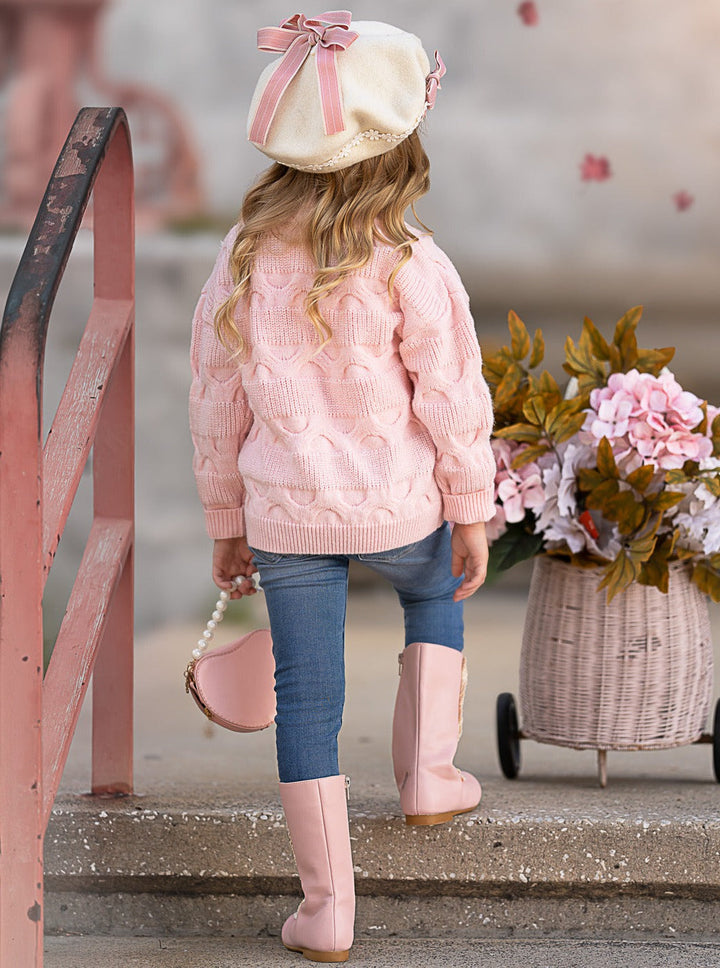 Girls Floral Button-Up Cardigan with Adorable 3D Flower Details and Heart-Shaped Buttons Mia Belle Girls