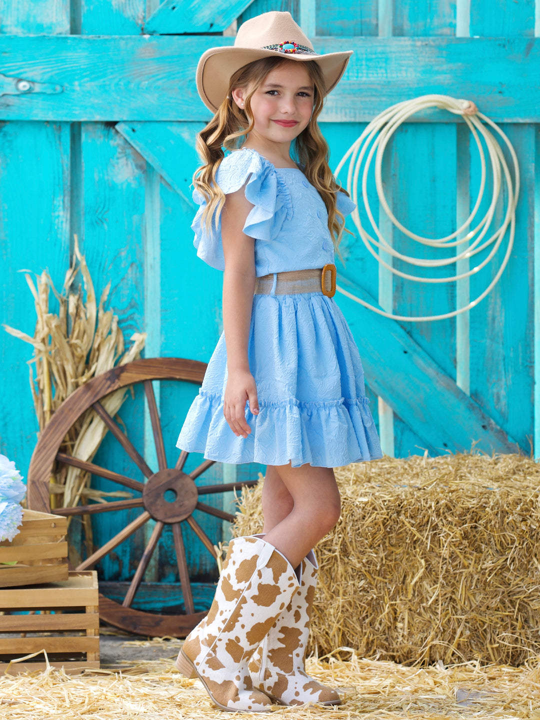 Sky Blue Ruffle Sleeve Belted Skirt Set