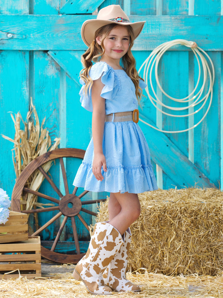 Sky Blue Ruffle Sleeve Belted Skirt Set